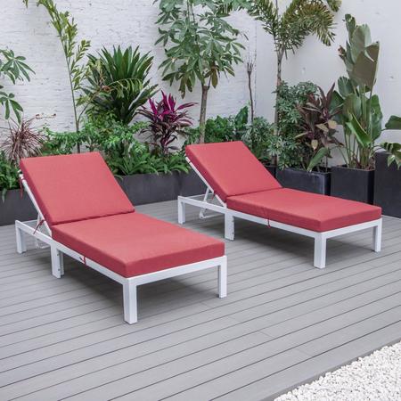 Leisuremod Chelsea Modern Outdoor White Chaise Lounge Chair With Red Cushions CLW-77R2